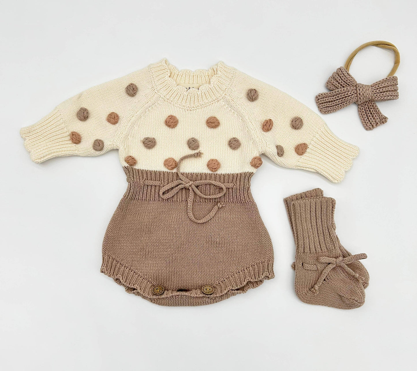 OLIVE & CRADLE - Lottie Dot Knit Romper – Cream Fog