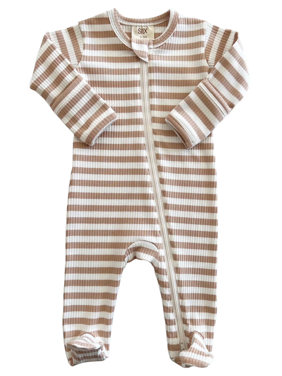 SIIX Collection - Tan Stripe / Organic Ribbed Zip Footie (Baby - Kids)