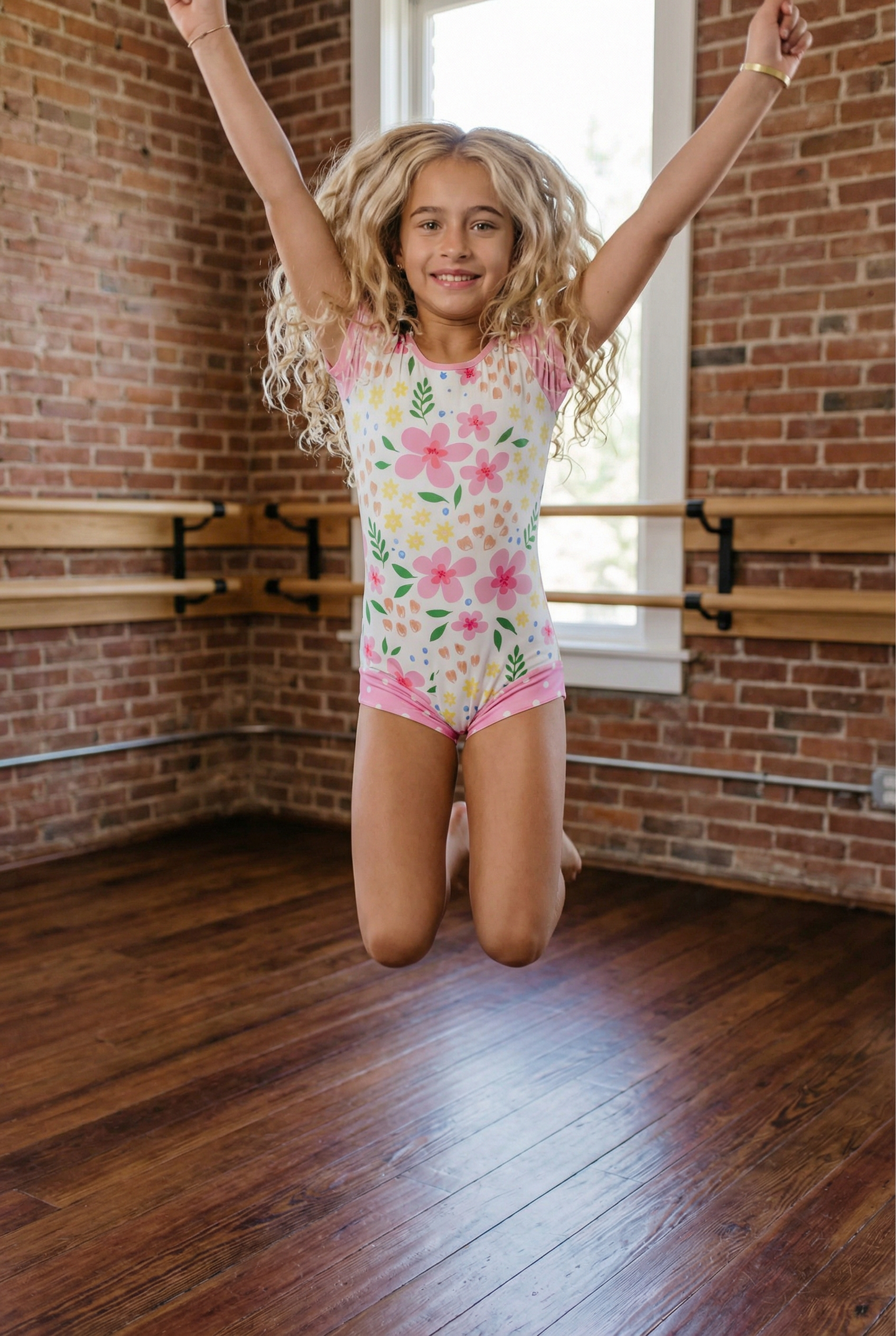Oopsie Daisy - Kids Pink & Yellow Floral Shortie Dance Gymnastics Leotard
