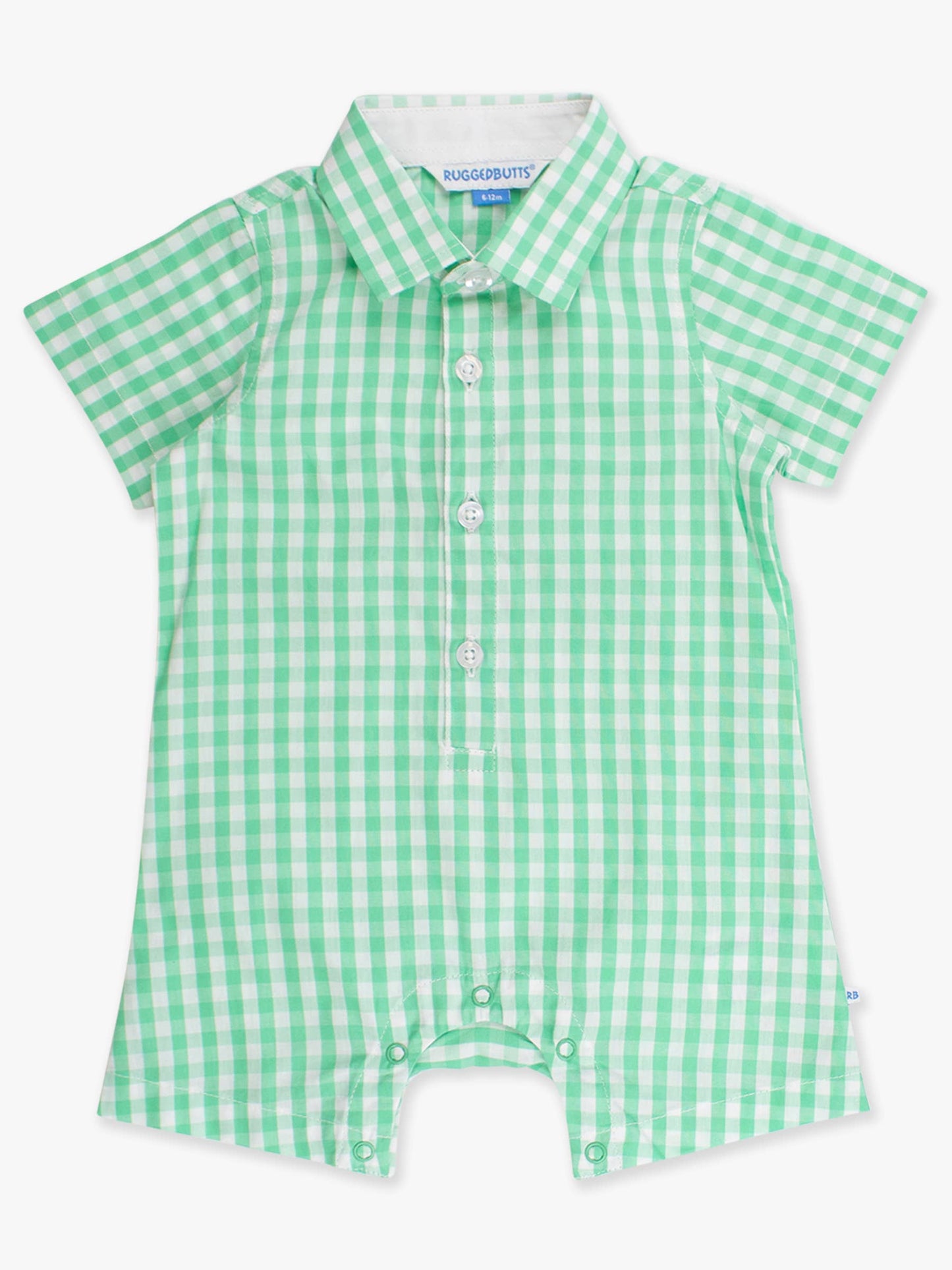 RuffleButts + RuggedButts - Baby Boys Classic Spring Bud Gingham Short Sleeve Woven Button-Up Romper