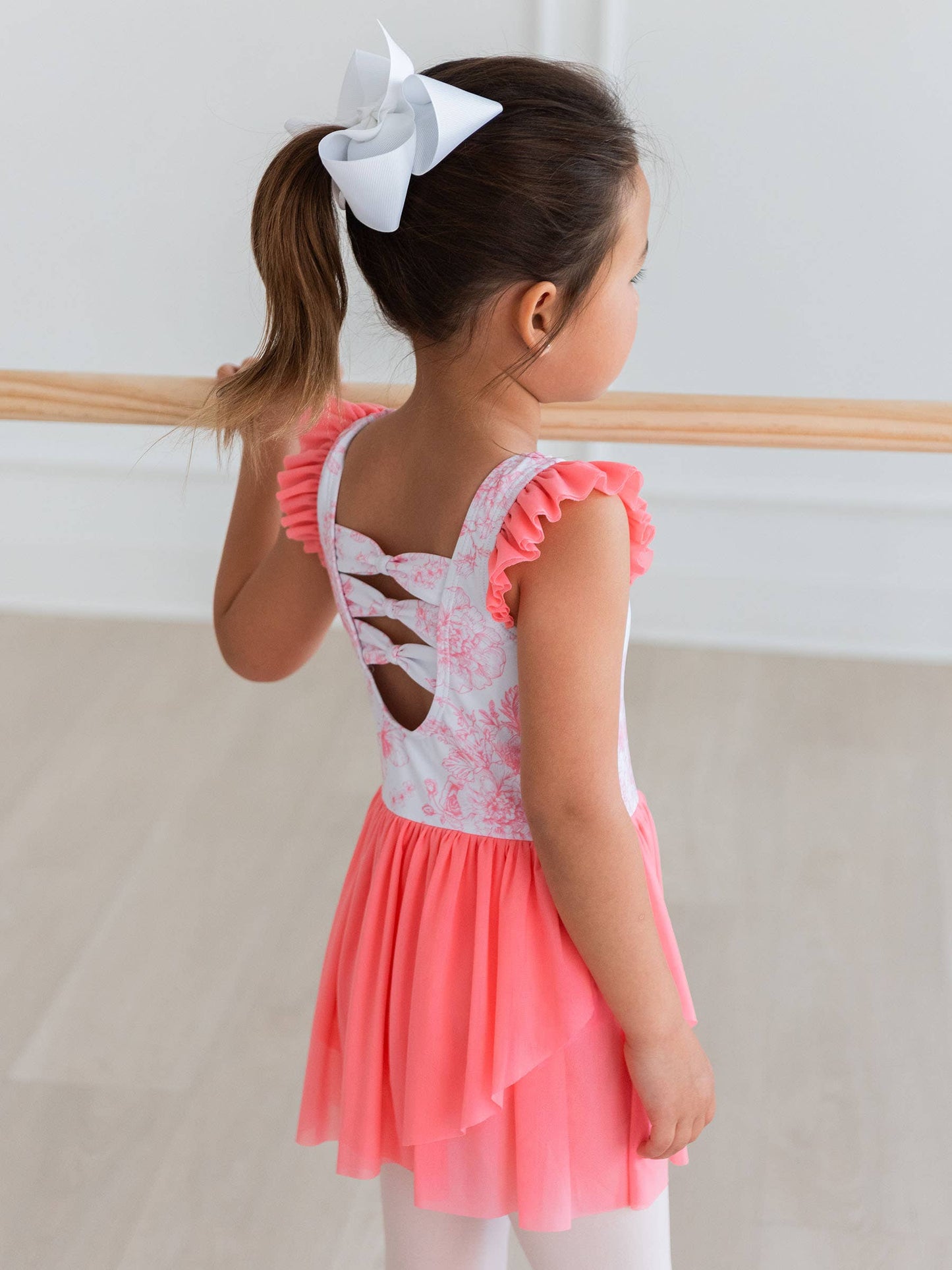 RuffleButts + RuggedButts - Girls Bubblegum Pink Butterfly Garden Toile Flutter Sleeve Dance & Gymnastics Leotard