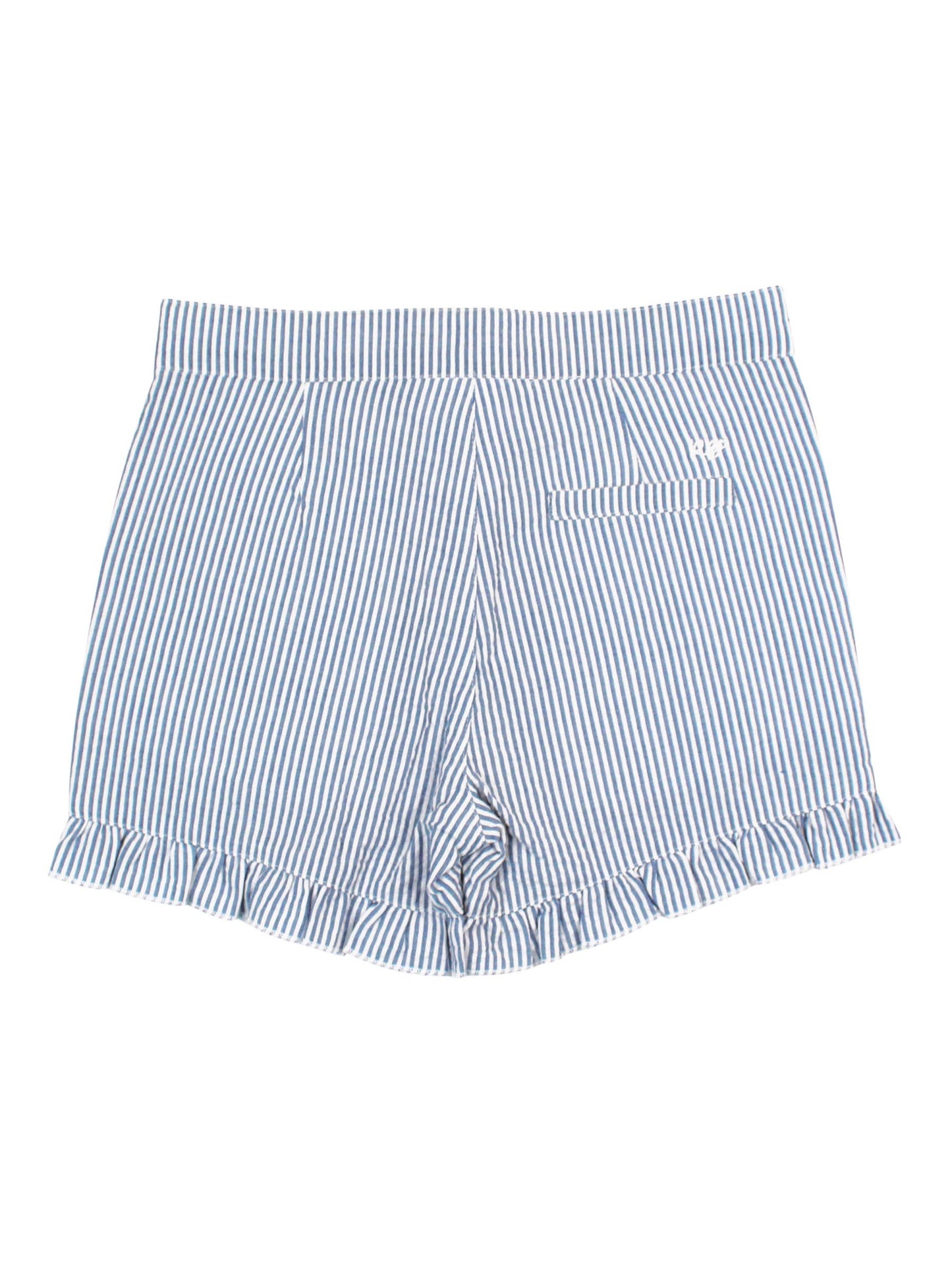 RuffleButts + RuggedButts - Girls Classic Blue Seersucker Ruffle Trim Woven Shorts