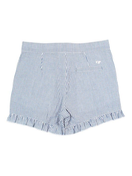 RuffleButts + RuggedButts - Girls Classic Blue Seersucker Ruffle Trim Woven Shorts