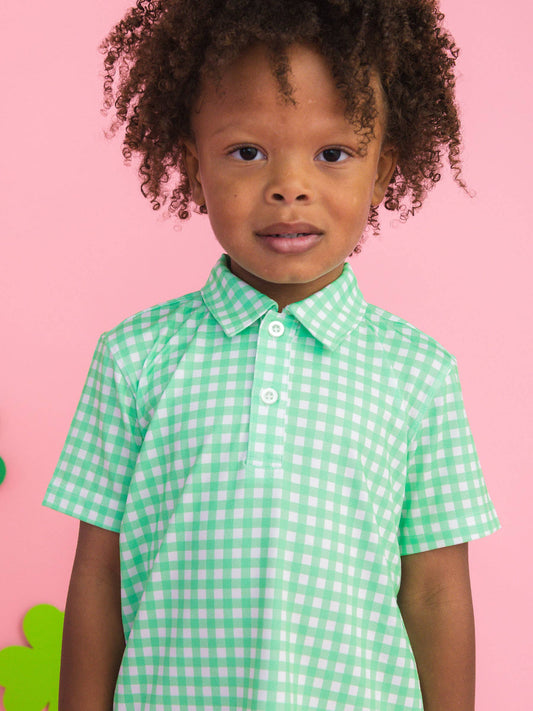 RuffleButts + RuggedButts - Boys Classic Spring Bud Gingham Knit Short Sleeve Performance Polo