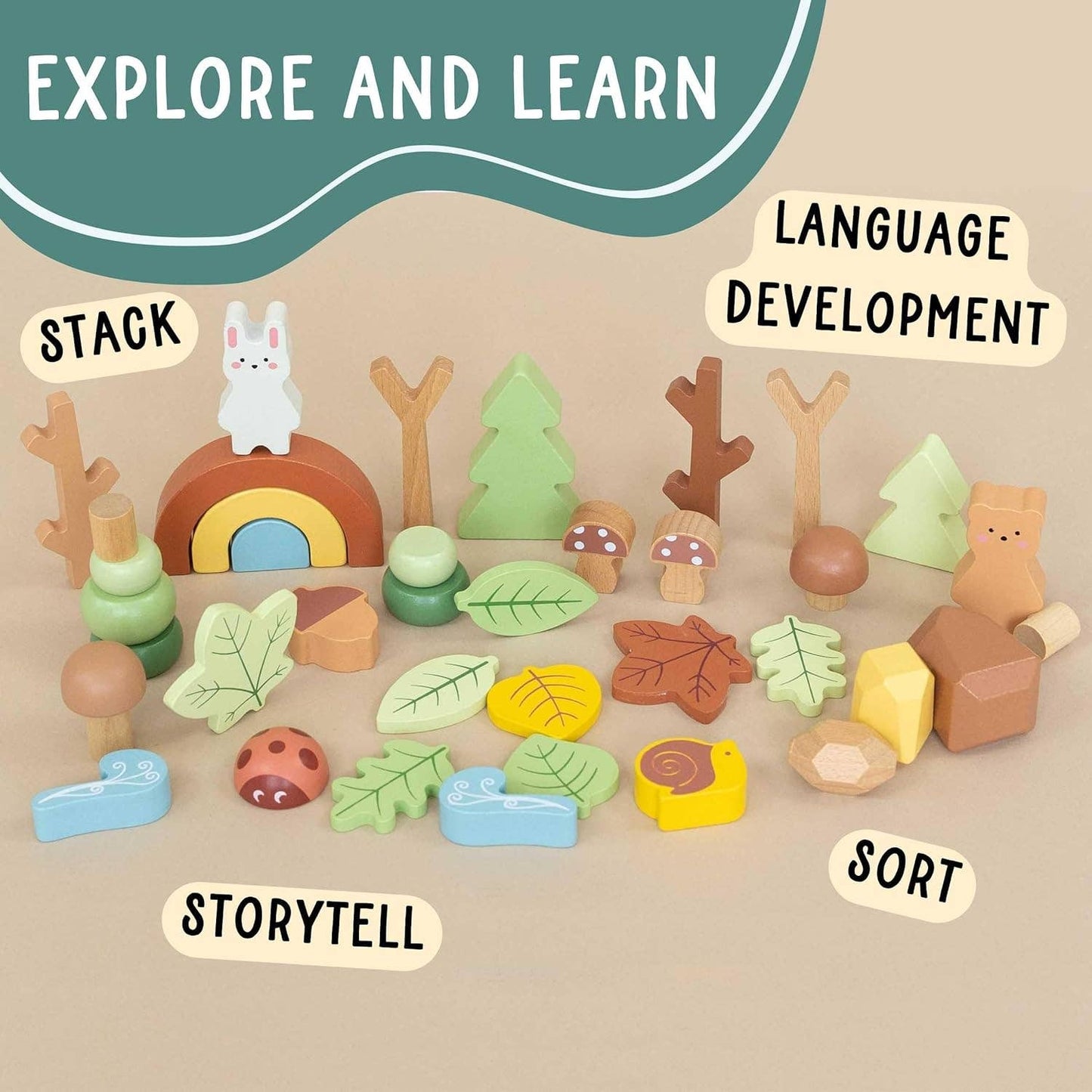 Spirit 'N Sprout - Wooden Forest Sensory Bin Accessories - Montessori Toddler Toys - Wooden Stacking Blocks