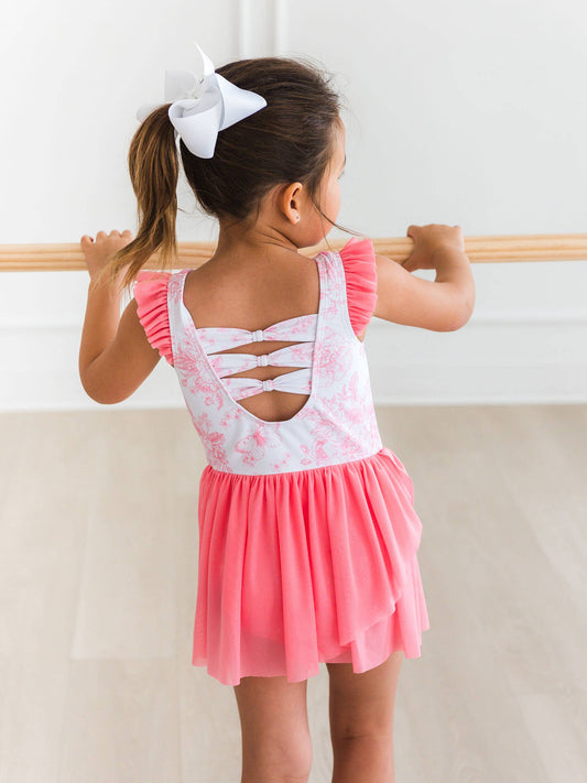RuffleButts + RuggedButts - Girls Bubblegum Pink Butterfly Garden Toile Flutter Sleeve Dance & Gymnastics Leotard