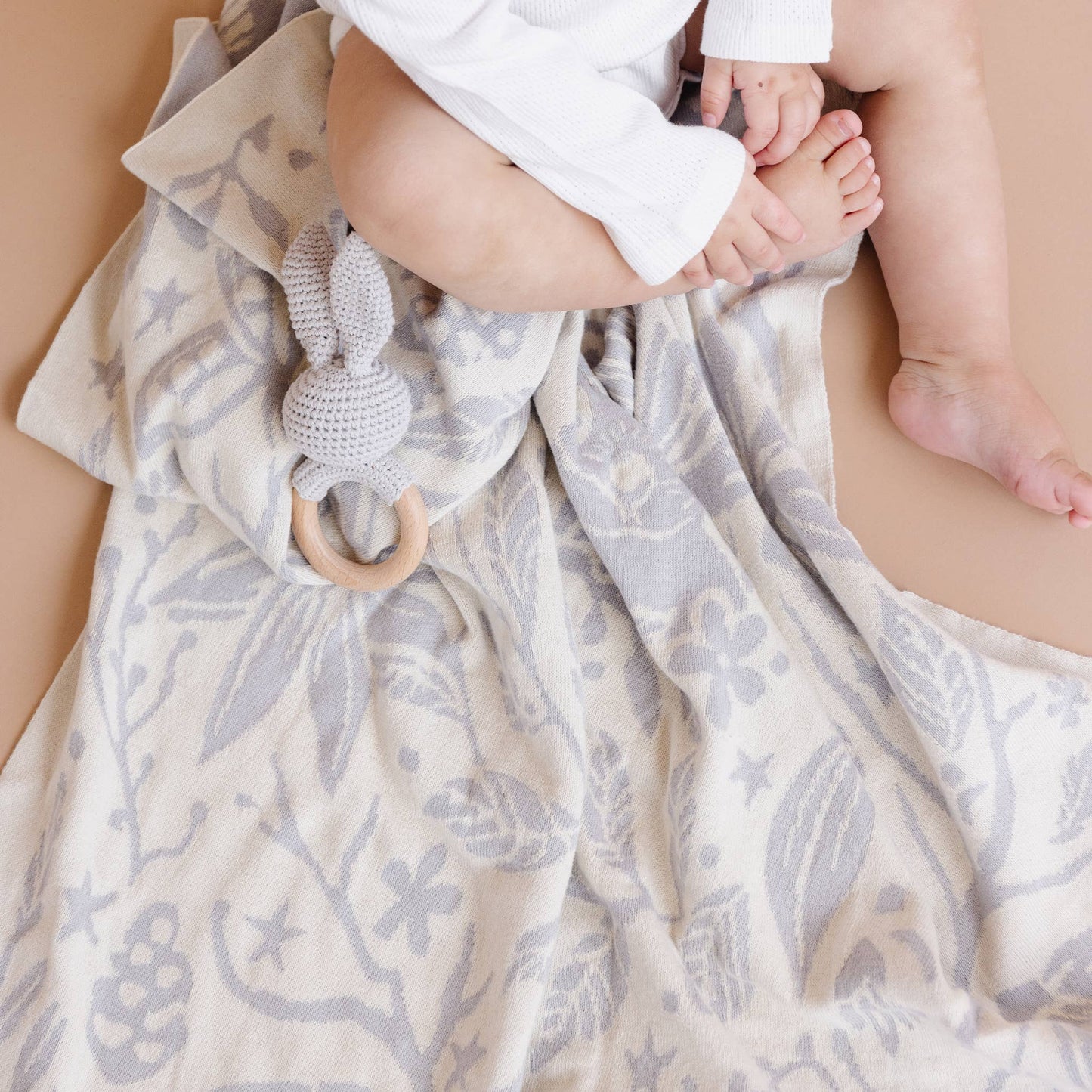 The Blueberry Hill - Teether Bunny Grey Cotton Rattle Baby Gift Spring