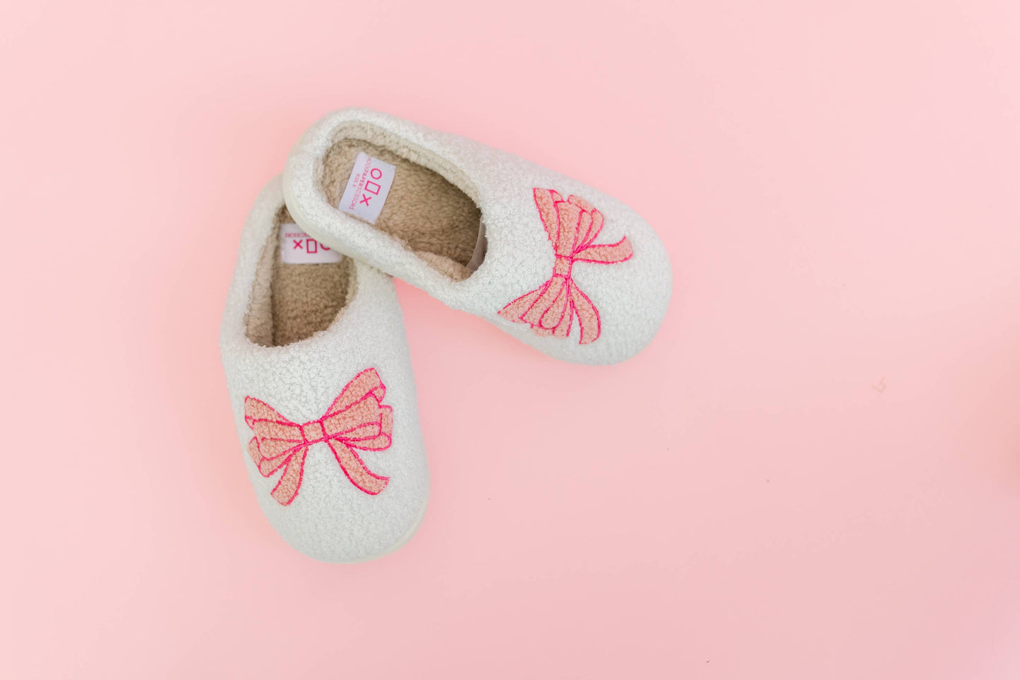 Rock Paper Scissors - Fuzzy Plush Slippers with Pink Bow