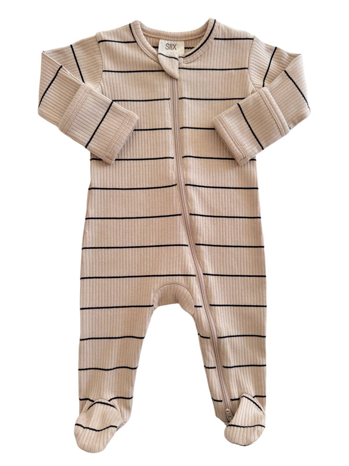 SIIX Collection - Tan/Black Stripe / Organic Ribbed Zip Footie