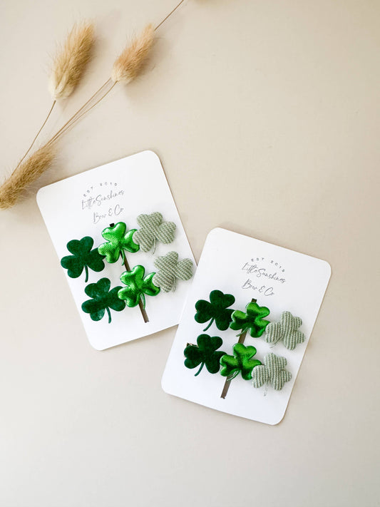 Little Sunshines Bow & Co - St Patricks Day 3 Four Leaf Clover Hair Clips- Set of 2