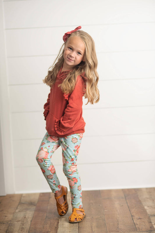 Adorable Sweetness - Kids Rust Pocket Ruffle Hoodie Shirt & Leggings Fall Set