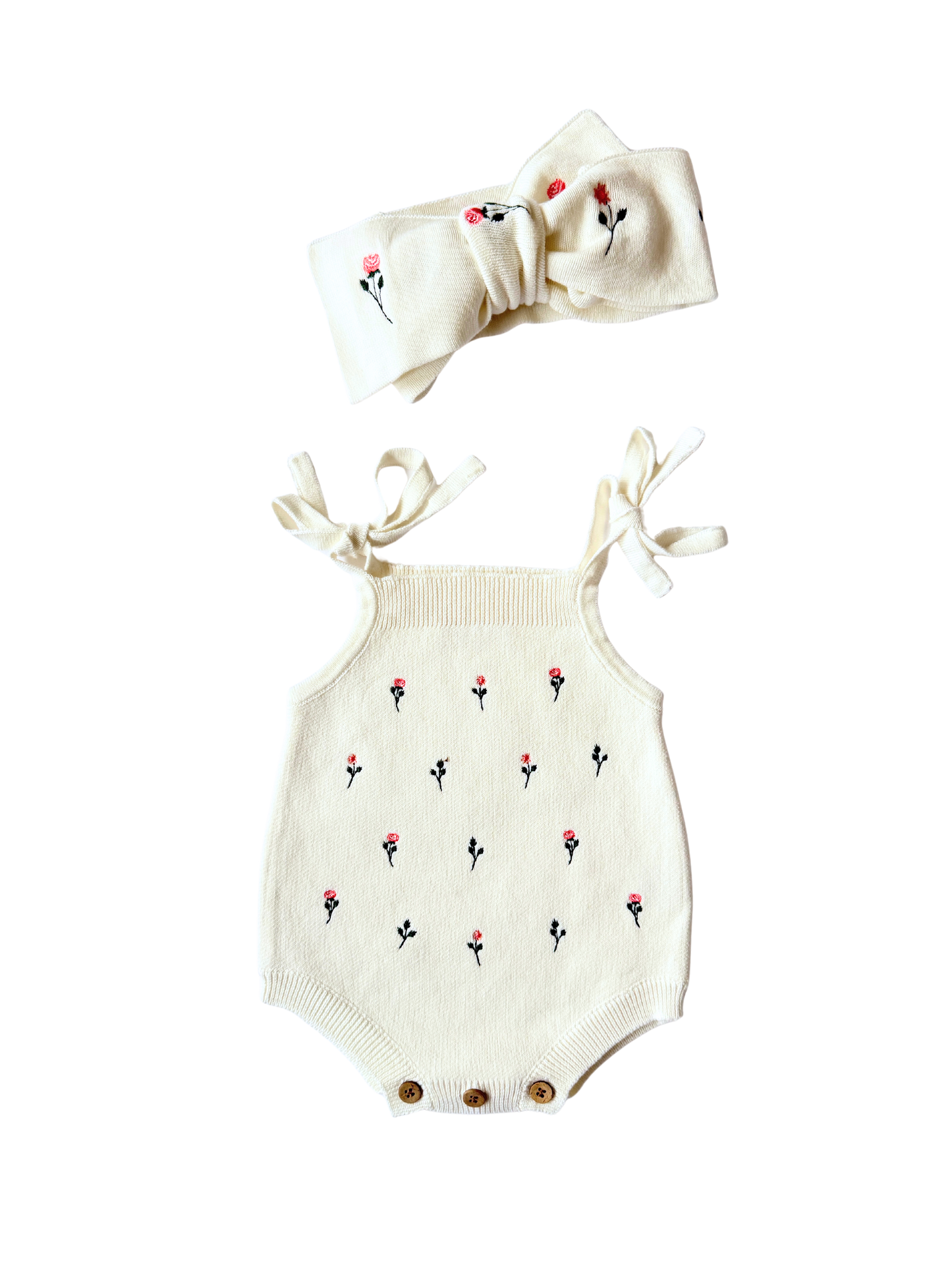 Luna + Luca - Floral Embroidery Romper + Bow - White