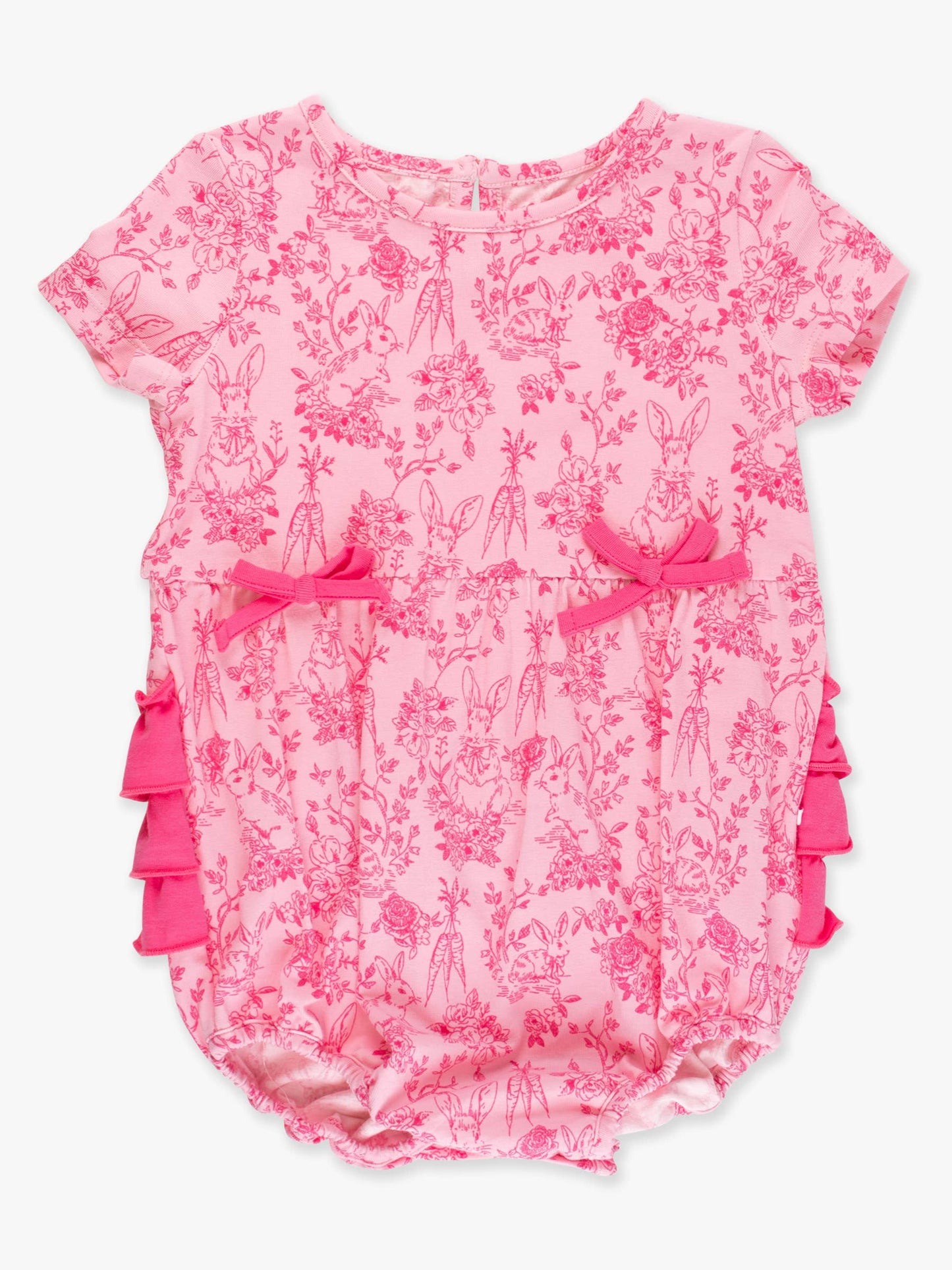 RuffleButts + RuggedButts - Baby Girls Pink Cottontail Toile Knit Short Sleeve Bow Bubble Romper