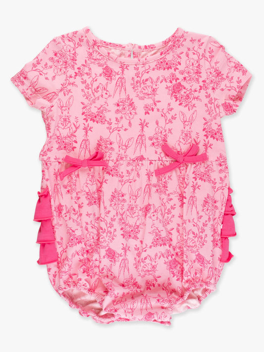RuffleButts + RuggedButts - Baby Girls Pink Cottontail Toile Knit Short Sleeve Bow Bubble Romper