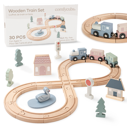 Comfy Cubs - 30-PC Wooden Train Set for Toddlers Ages 1+ by Comfy Cubs