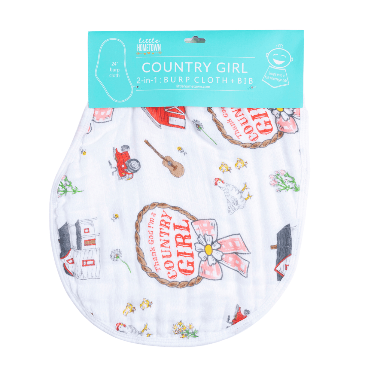 Little Hometown - Country Baby Girl Burp Cloth and Bib 2 in 1  Absorbent and Gentle on Newborn Skin