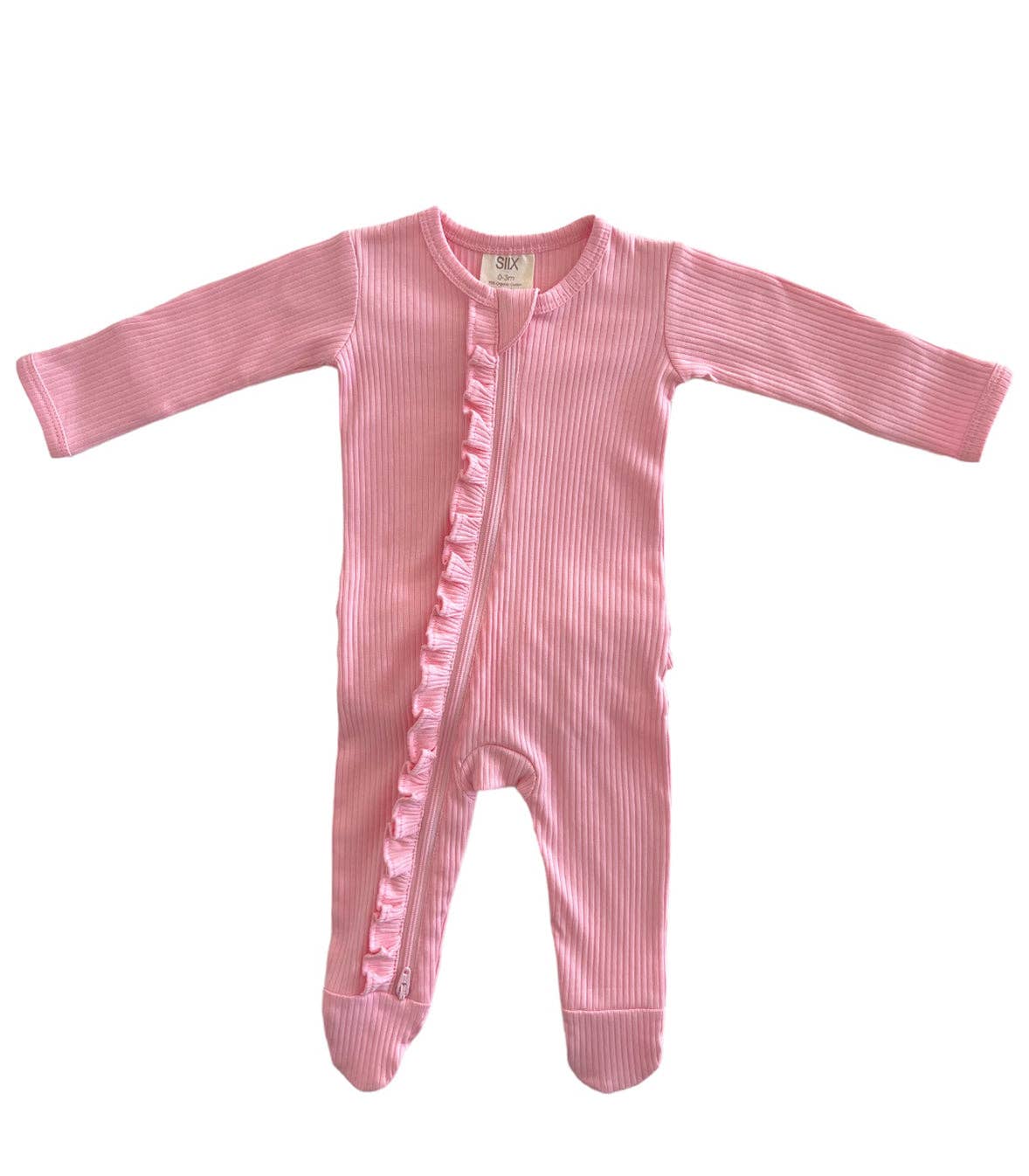 SIIX Collection - Pink / Organic Ribbed Frill Zip Footie