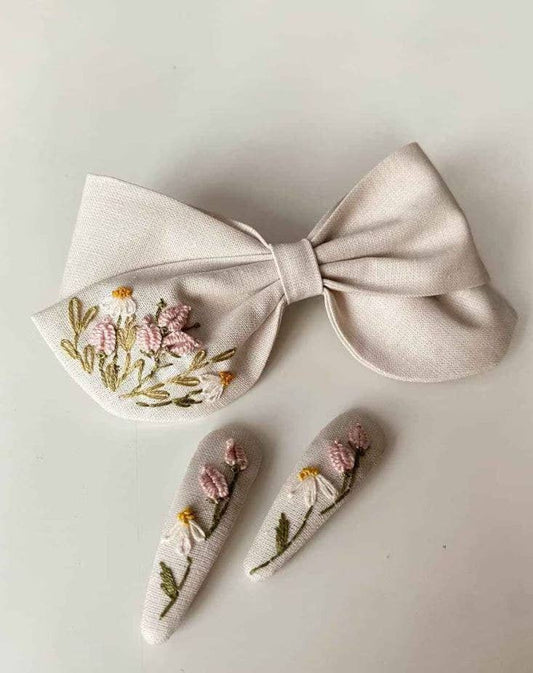 EmbroideryNTA - Linen Hair Bow Hair Clip For Girls, Embroidery