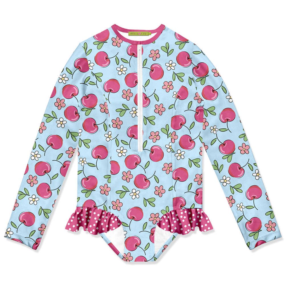 Millie Loves Lily - Girls Ice Blue Cherries Ruffle-Accent One-Piece Rashguard