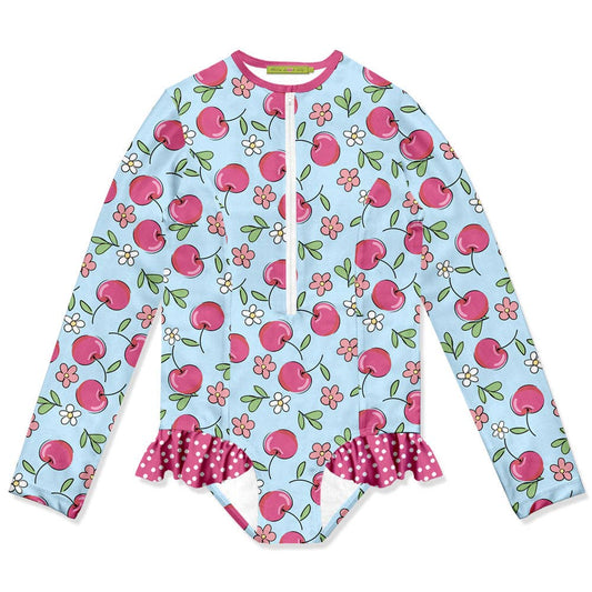 Millie Loves Lily - Girls Ice Blue Cherries Ruffle-Accent One-Piece Rashguard