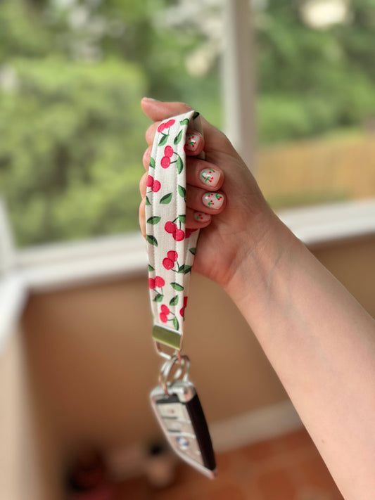 The Sticker Lab - White & Cherry Fabric Keychain Wristlet, Key Fob