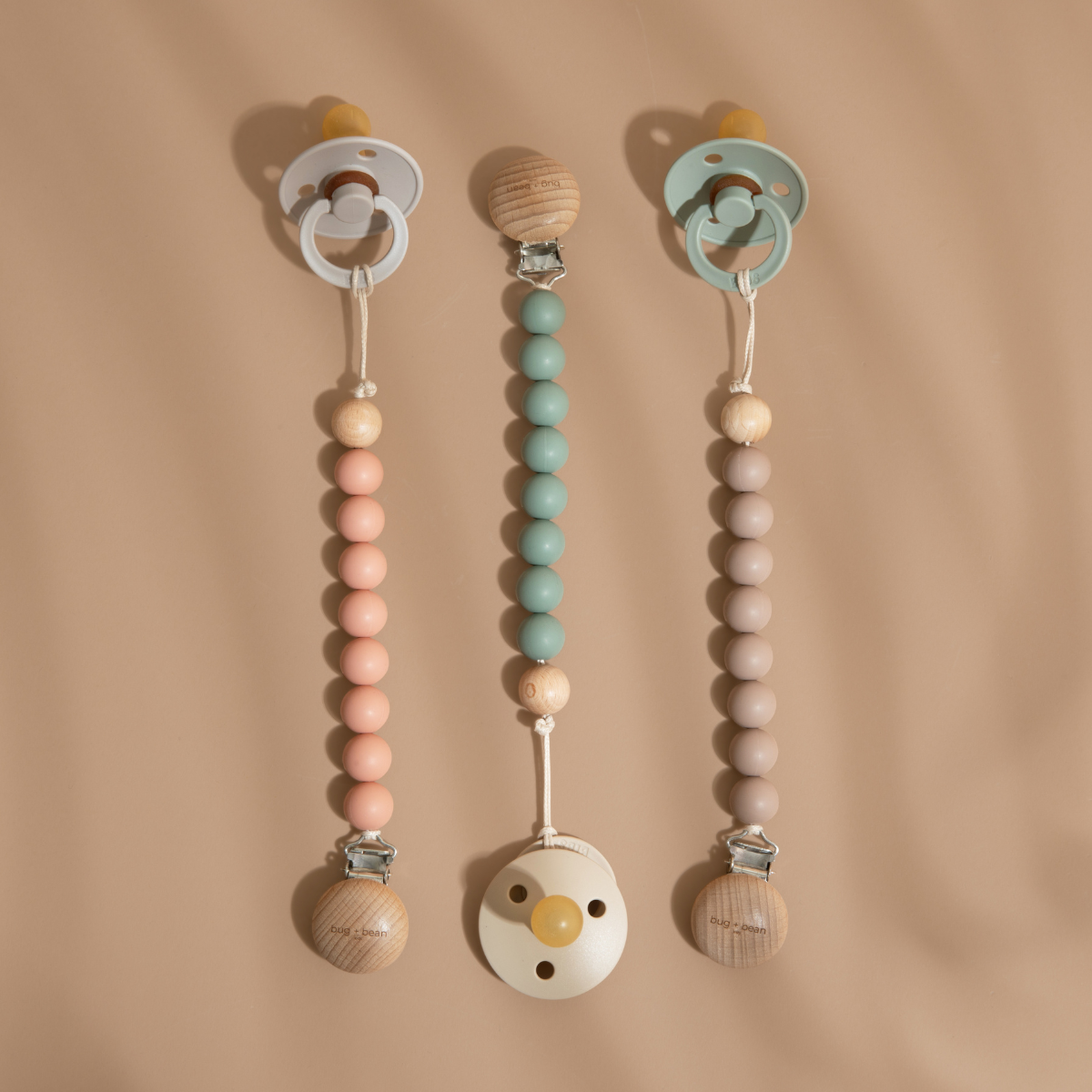 bug + bean kids - Pacifier Clip Holder | Silicone + Beech Wood | Muted Clay