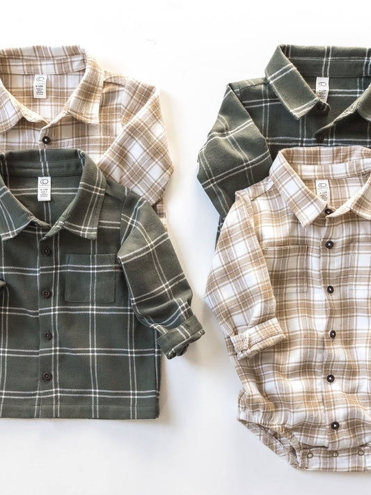 Kids Logan Flannel Collard Button Down - Latte Plaid