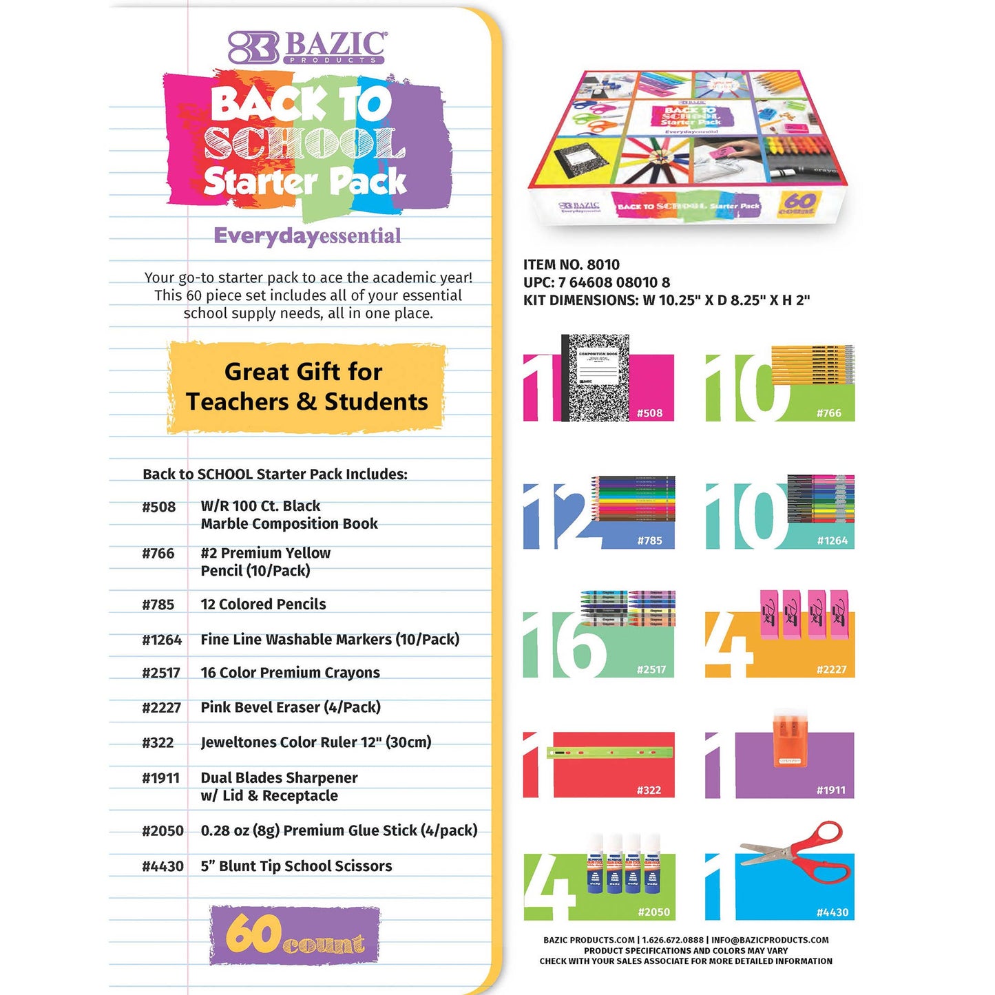 BAZIC Products - Back to School Starter Pack, 60 Pieces, Elementary