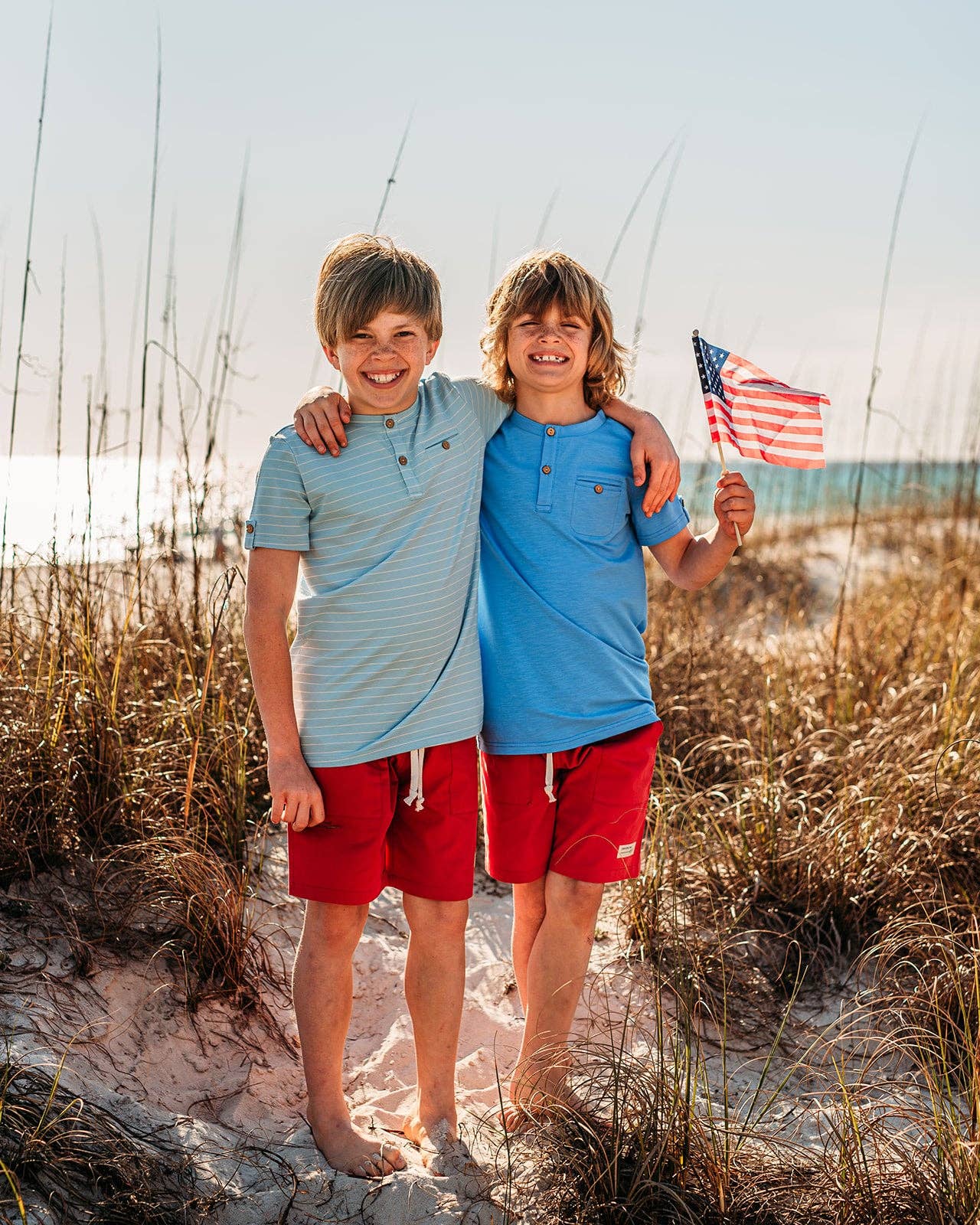 Sawyer & Finn Clothing - Boys Light Blue and White Stripe Short Sleeve Tee, Buttons