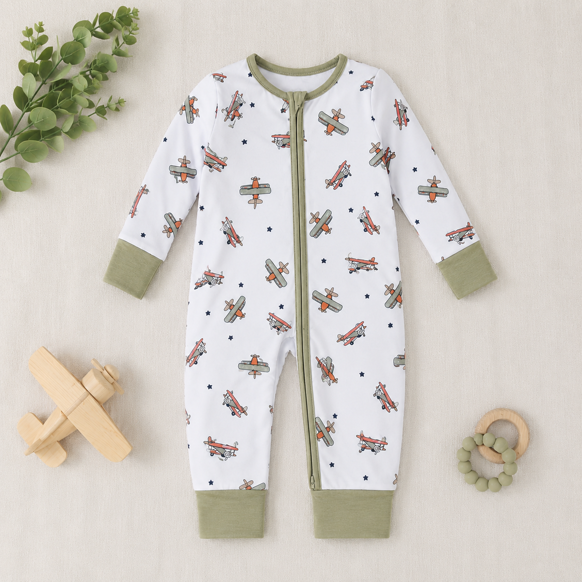 Tiny toes Baby Co - Vintage Airplane Bamboo Zipper Romper