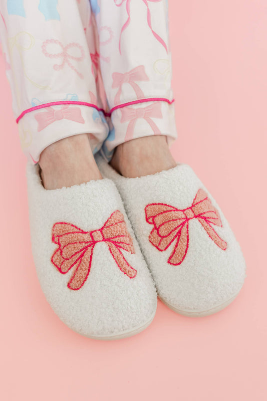 Rock Paper Scissors - Fuzzy Plush Slippers with Pink Bow