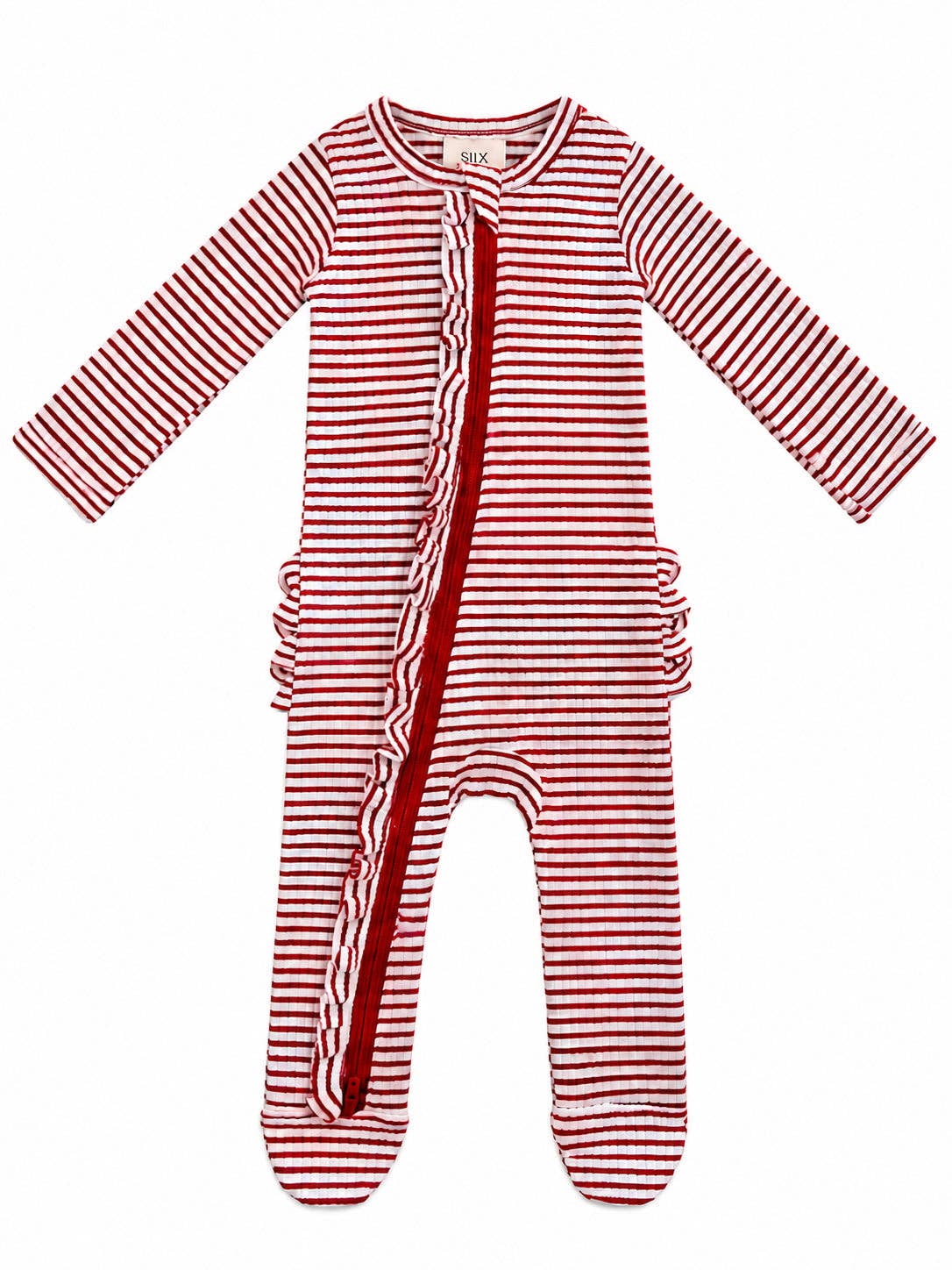 SIIX Collection - Red Stripe / Ribbed Frill 2-Way Zip Footie