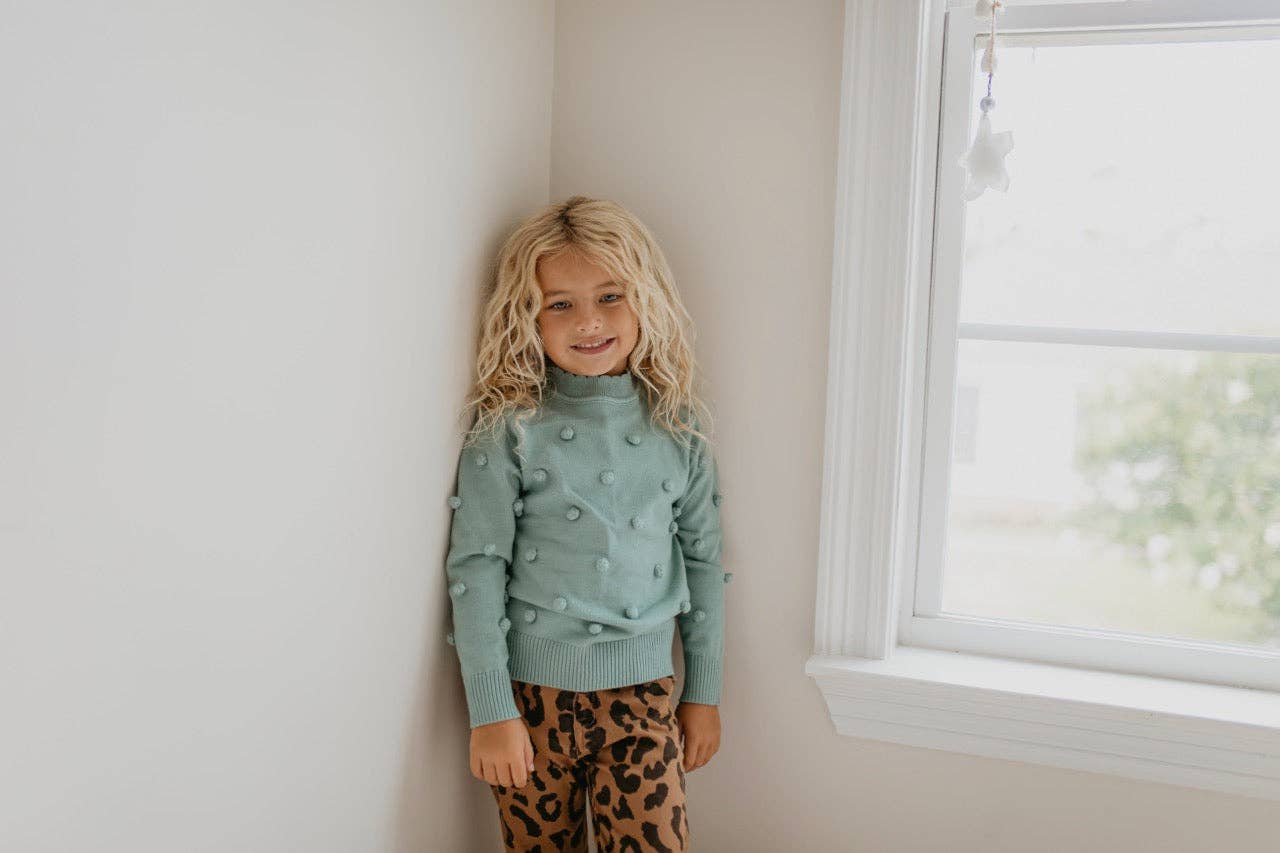 Adorable Sweetness - Kids Teal Pom Pom Fall Winter Scalloped Crew Neck Sweater