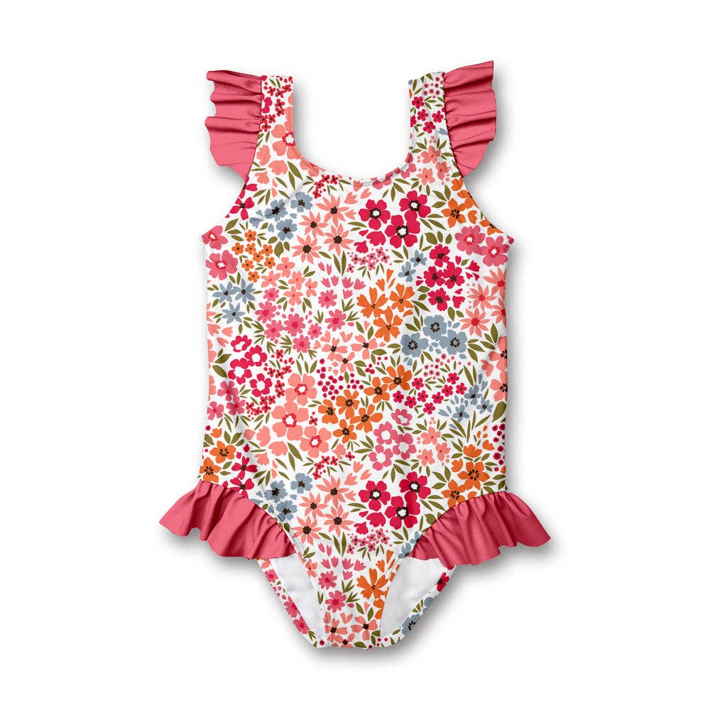 Millie Loves Lily - Girls Coral Samantha Floral Ruffle-Accent One-Piece
