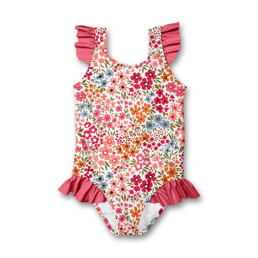 Millie Loves Lily - Girls Coral Samantha Floral Ruffle-Accent One-Piece