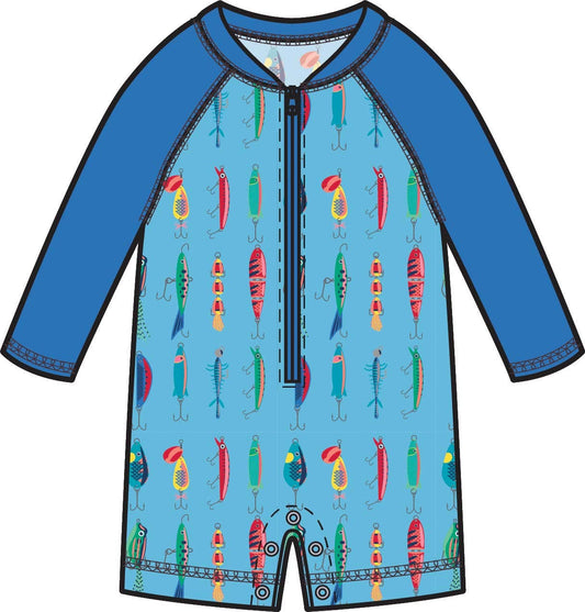 RuffleButts + RuggedButts - Baby Boys Gone Fishin Long Sleeve One Piece Rash Guard Swimsuit
