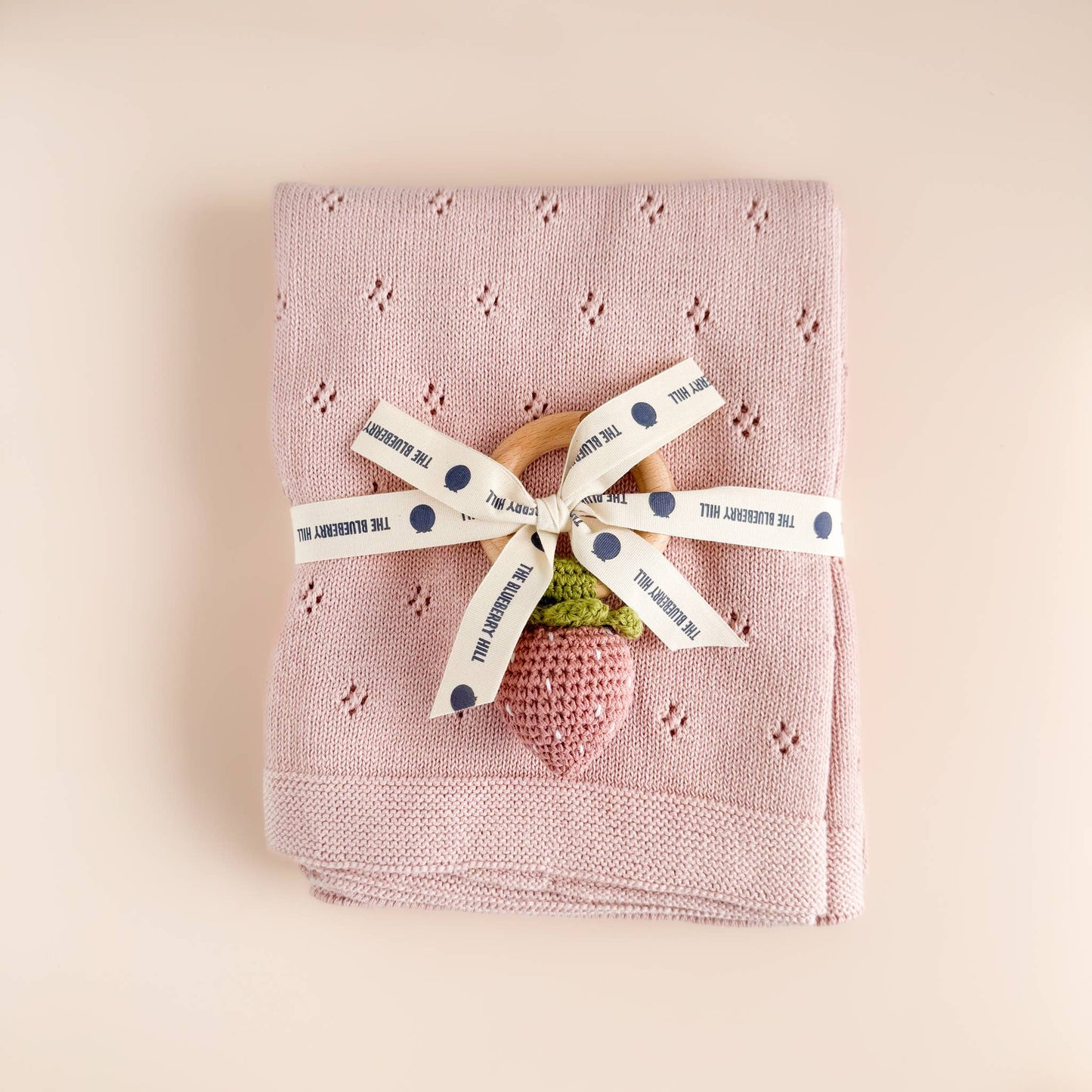 The Blueberry Hill - Teether Strawberry Pink Crochet Rattle Baby Toy Spring