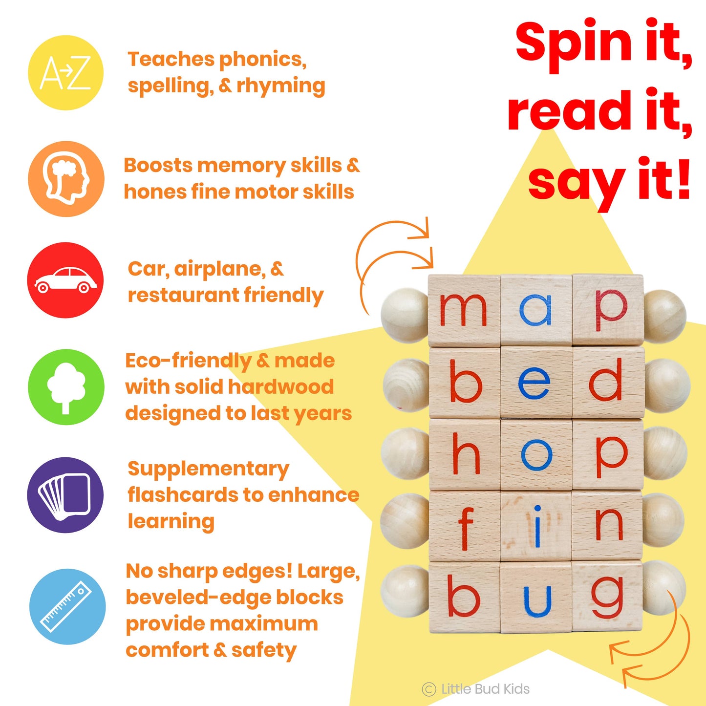 Little Bud Kids - Spin-and-Read Montessori Phonetic Reading Blocks & CVC Cards