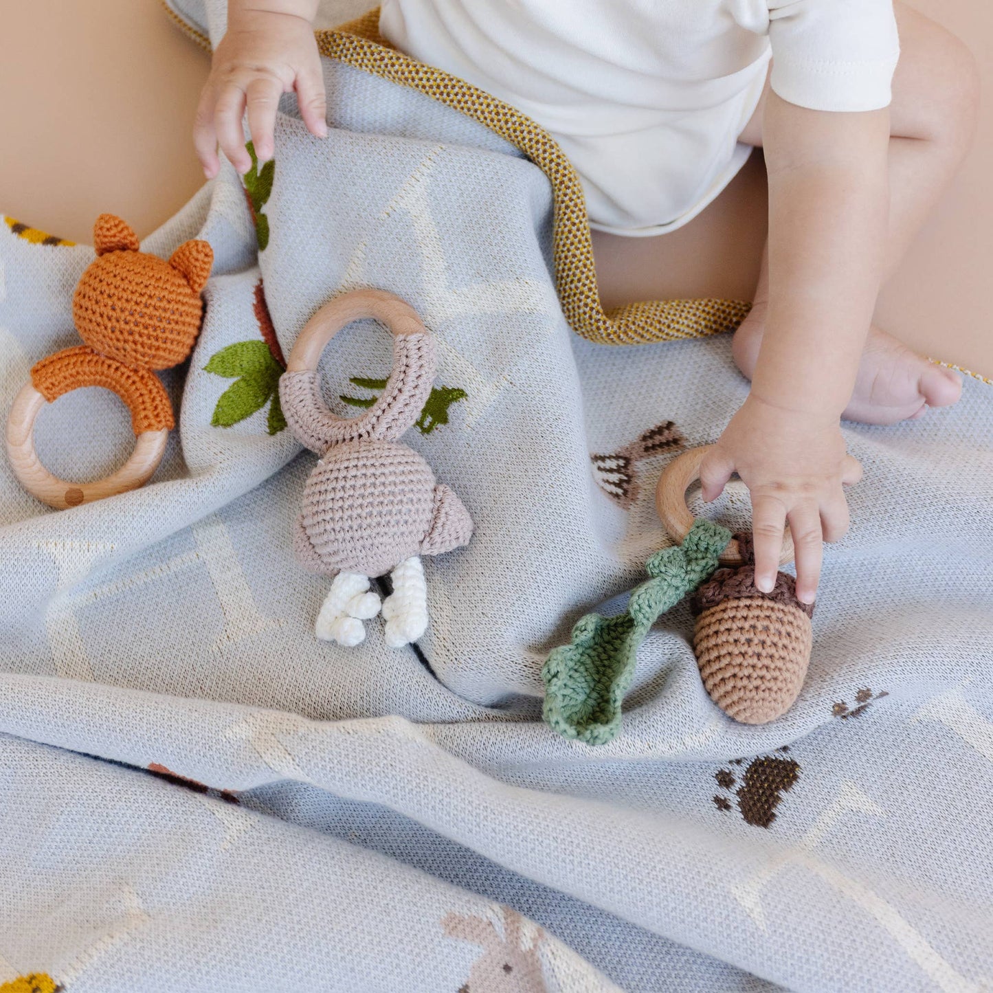 The Blueberry Hill - Teether Fox Cotton Rattle Clay Baby Gift Crochet Spring