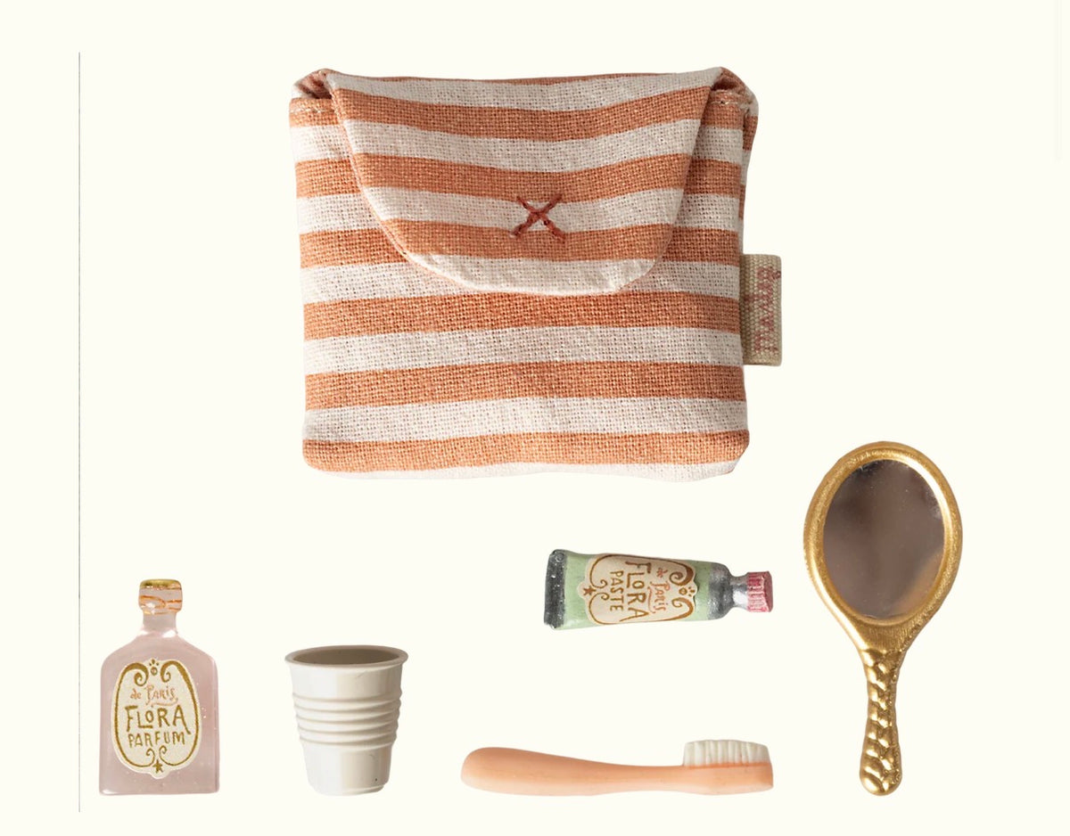 Maileg - Toothbrush Set in Bag, Mouse - Coral Stripe
