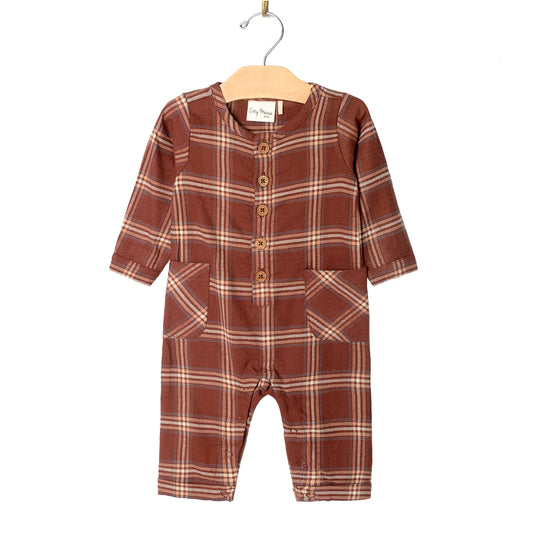 City Mouse Studio- Henley Long Leg Romper- Rust Flannel