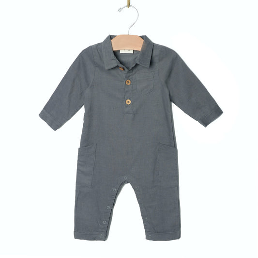 City Mouse Studio- Collar Long Leg Romper- Baby Corduroy Granite