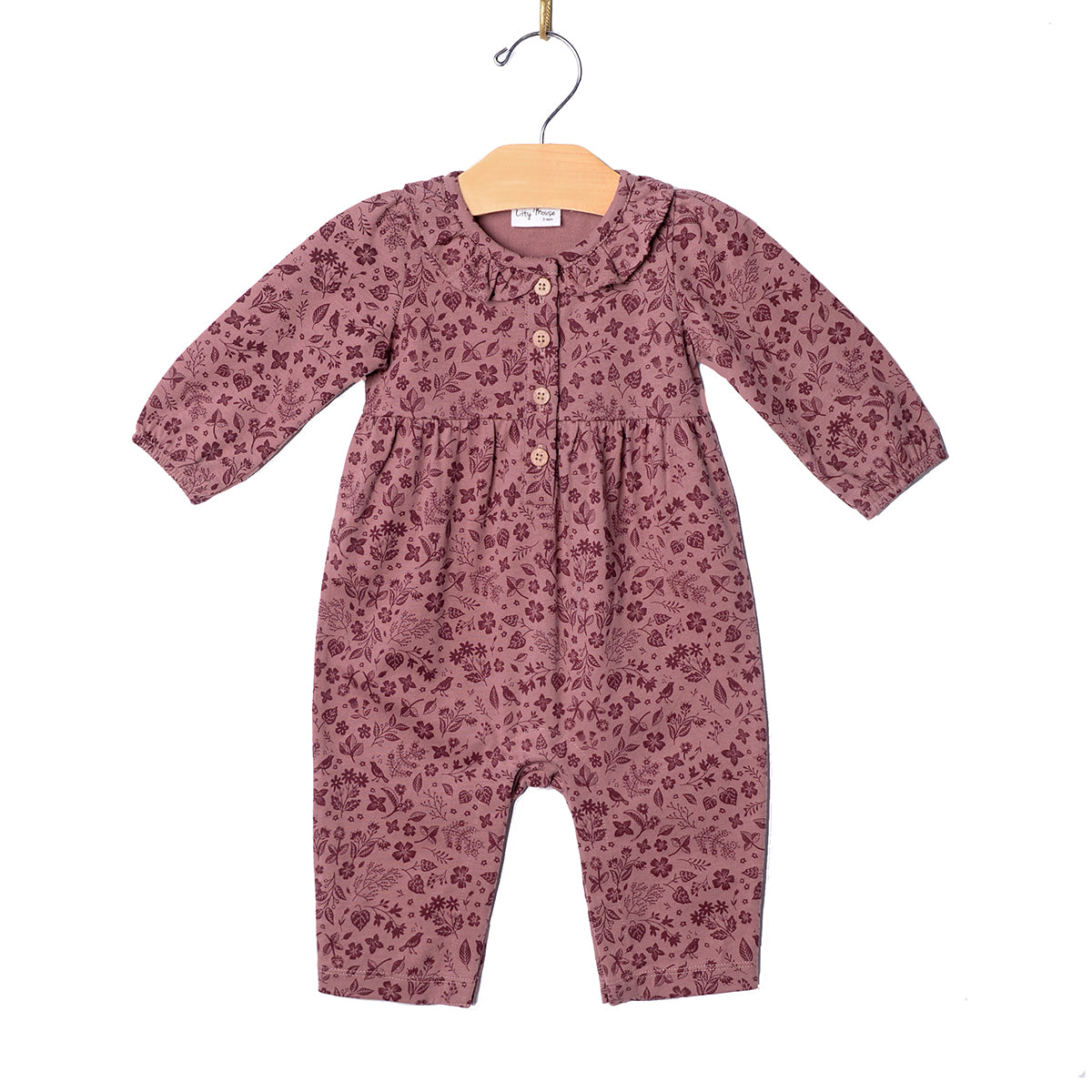 City Mouse Studio- Frill Collar Romper/ Combed Jersey- Plum Birds