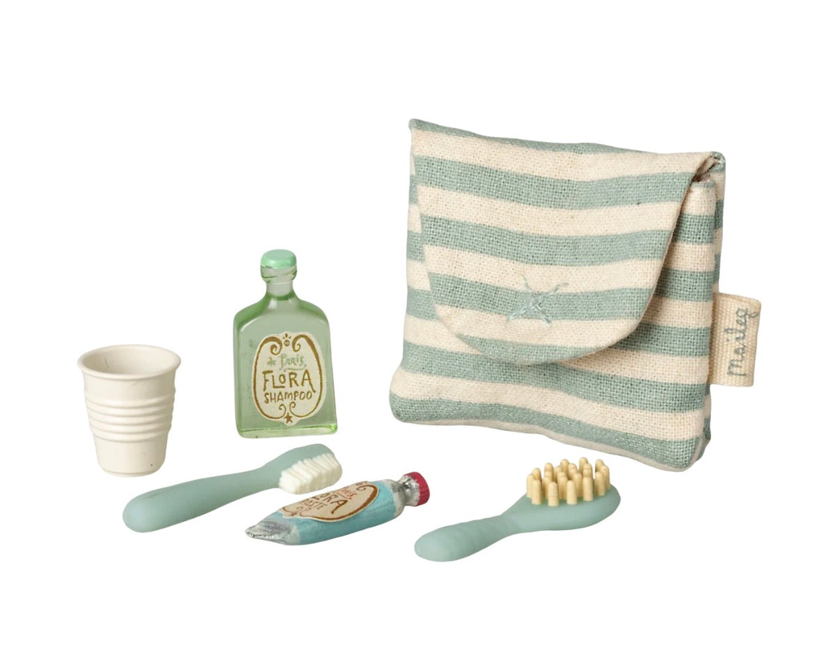 Maileg - Toothbrush Set in Bag, Mouse - Blue Stripe