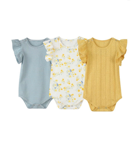 Vignette - Wren Triple Pack Onesies - Blue & Yellow Stripe/Floral/Pointella