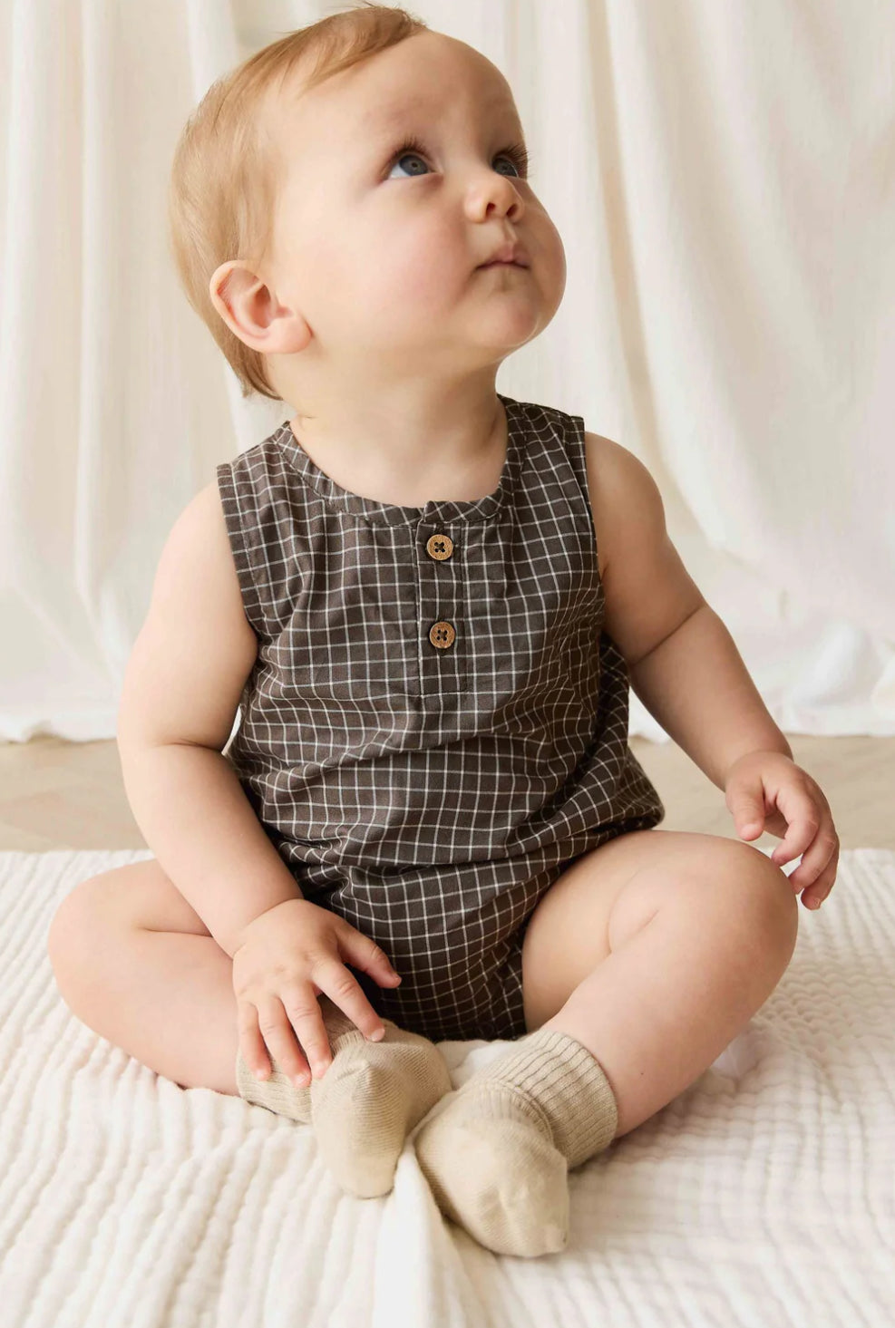 Jamie Kay - Organic Cotton Archie Playsuit - Coffee Grid