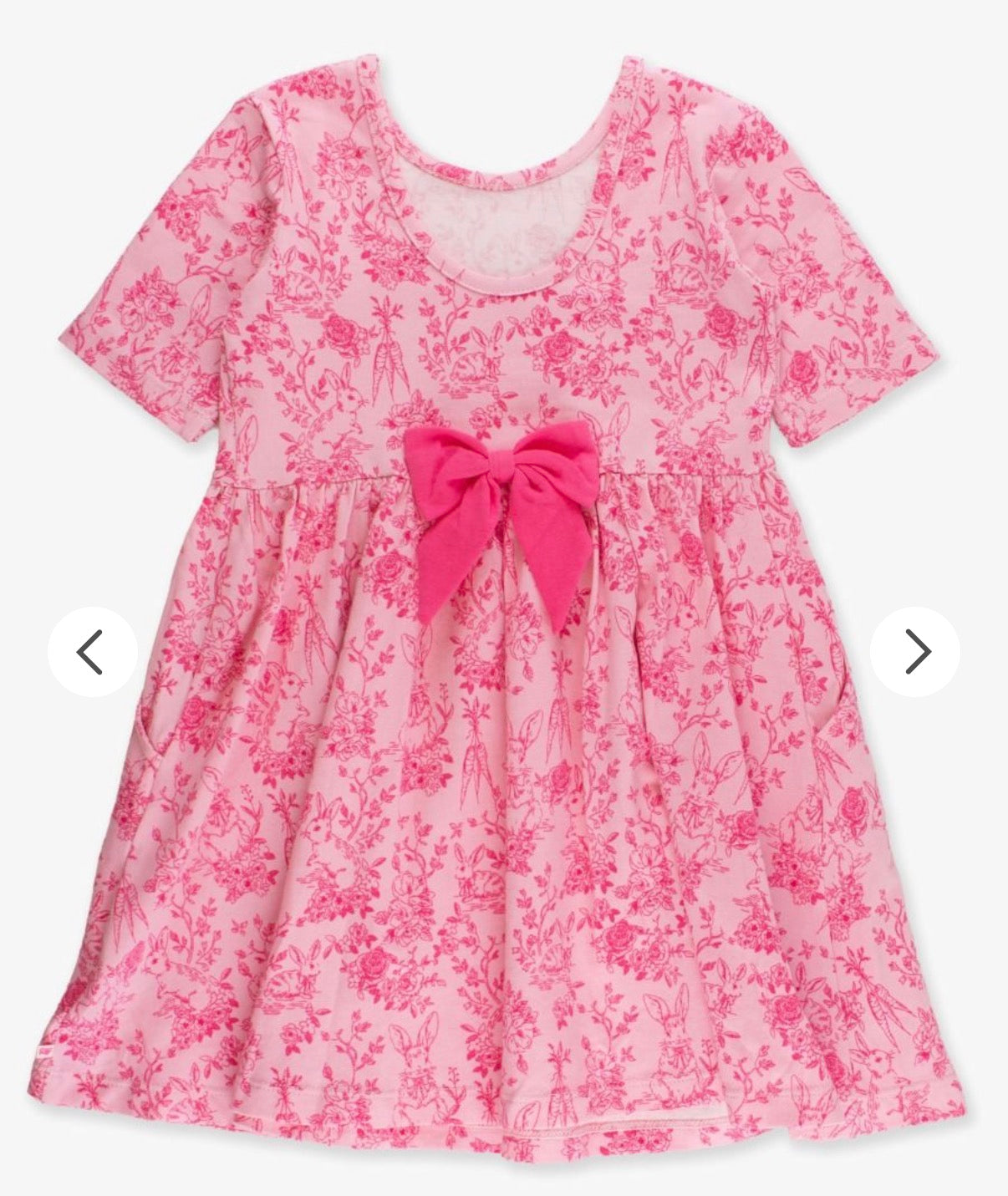RuffleButts + RuggedButts - Girls Pink Cottontail Toile Short Sleeve Knit Twirl Dress