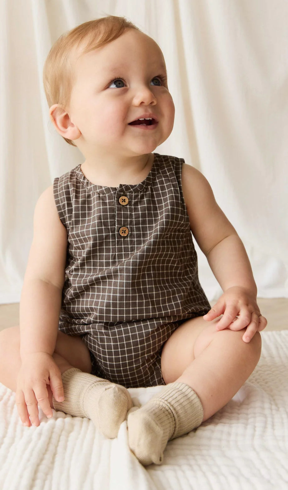 Jamie Kay - Organic Cotton Archie Playsuit - Coffee Grid