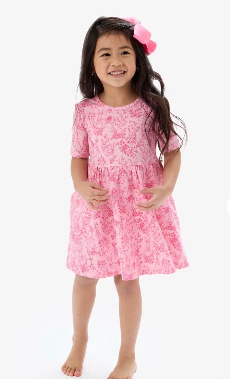 RuffleButts + RuggedButts - Girls Pink Cottontail Toile Short Sleeve Knit Twirl Dress