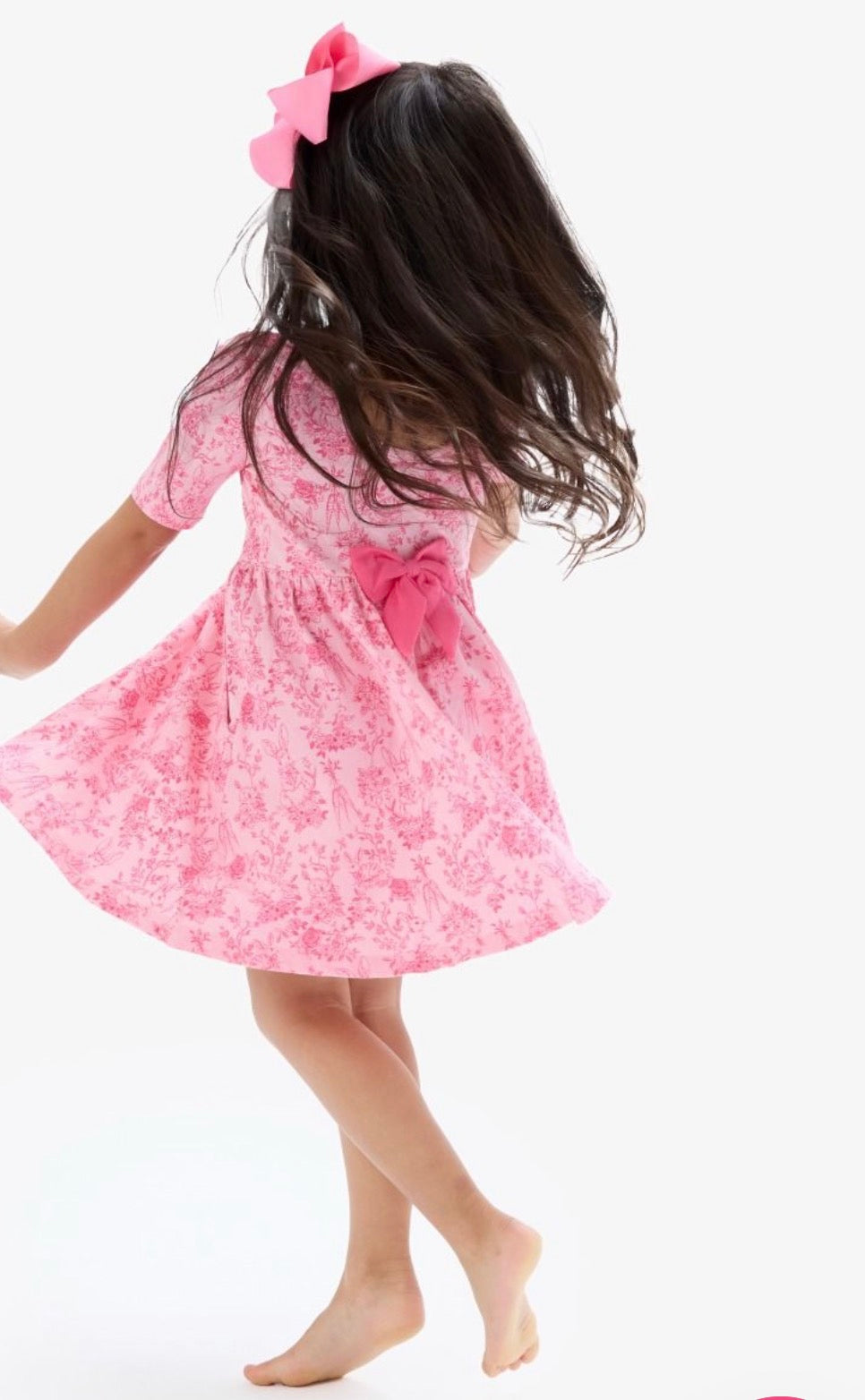 RuffleButts + RuggedButts - Girls Pink Cottontail Toile Short Sleeve Knit Twirl Dress